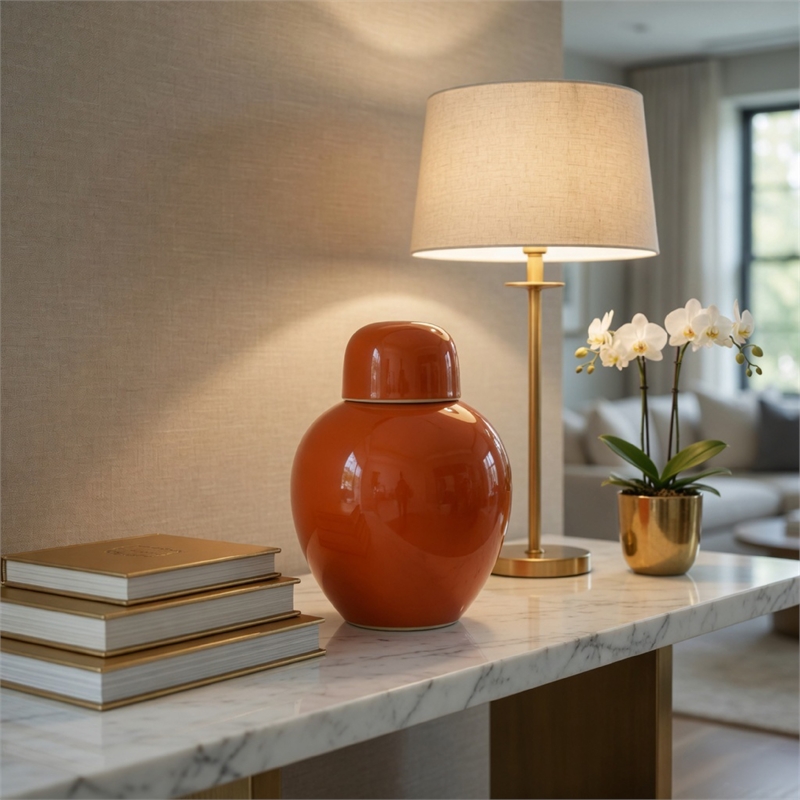 Decorative Ginger Jar with Dome Lid- Orange Glazed Ceramic- 11 Inch