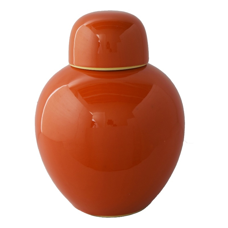 Decorative Ginger Jar with Dome Lid- Orange Glazed Ceramic- 11 Inch