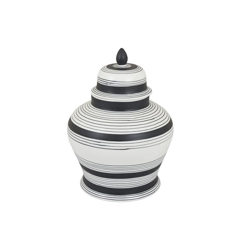Decorative Ginger Jar with Lid- Black and White Striped Ceramic- 12 Inch