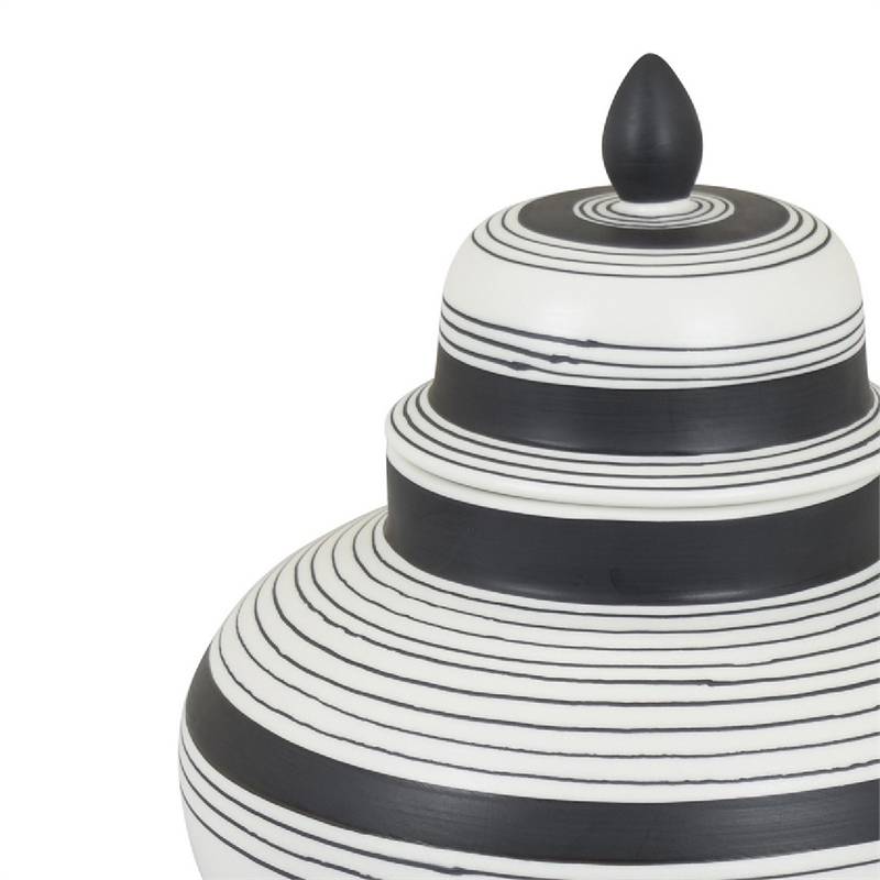 Decorative Ginger Jar with Lid- Black and White Striped Ceramic- 12 Inch