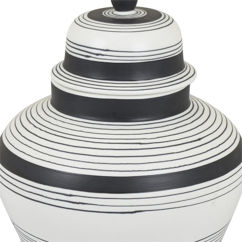 Decorative Ginger Jar with Lid- Black and White Striped Ceramic- 12 Inch