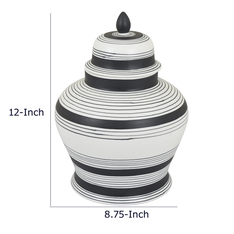 Decorative Ginger Jar with Lid- Black and White Striped Ceramic- 12 Inch