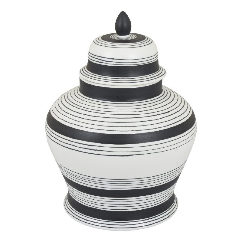 Decorative Ginger Jar with Lid- Black and White Striped Ceramic- 12 Inch