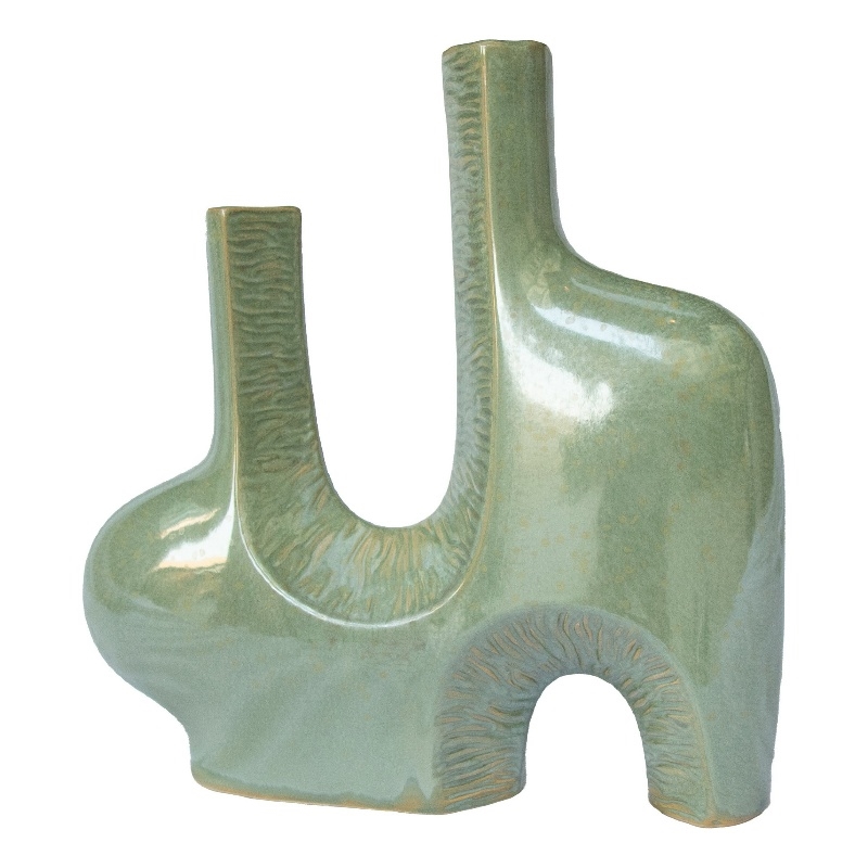Decorative Vase- Dual Neck Sculptural Art- Sage Green Ceramic- 14 Inch