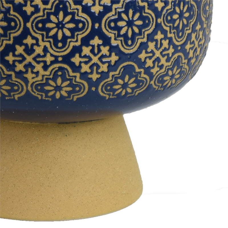 Hea Decorative Planter- Blue Gold Moroccan Pattern Footed Bowl- 9 Inch