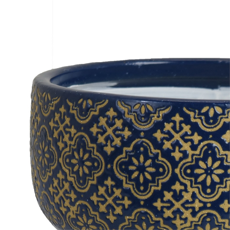 Hea Decorative Planter- Blue Gold Moroccan Pattern Footed Bowl- 9 Inch