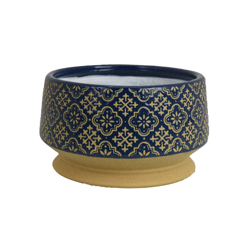 Hea Decorative Planter- Blue Gold Moroccan Pattern Footed Bowl- 10 Inch