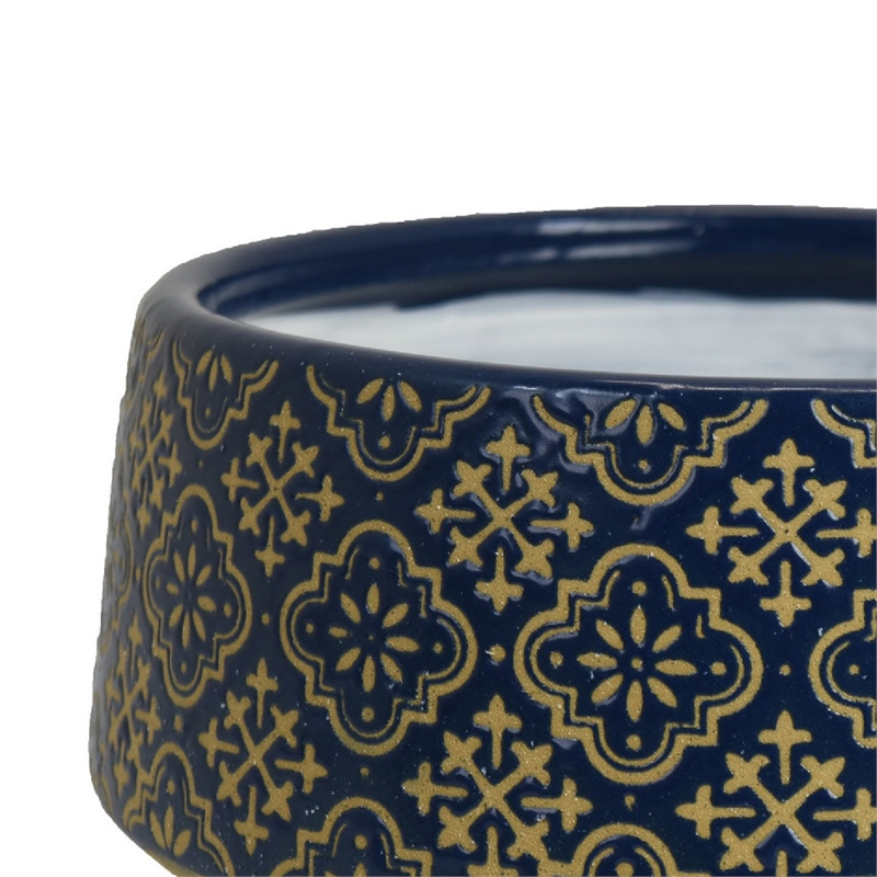 Hea Decorative Planter- Blue Gold Moroccan Pattern Footed Bowl- 10 Inch