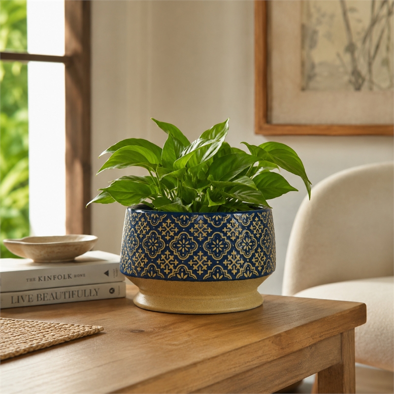 Hea Decorative Planter- Blue Gold Moroccan Pattern Footed Bowl- 10 Inch