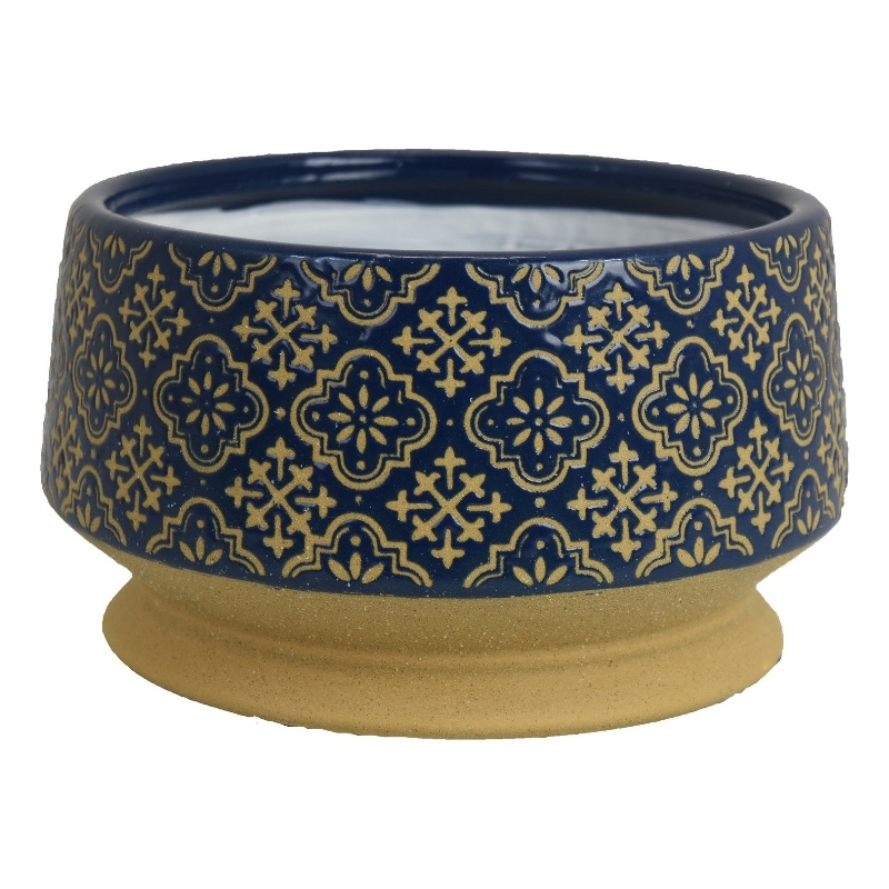 Hea Decorative Planter- Blue Gold Moroccan Pattern Footed Bowl- 10 Inch