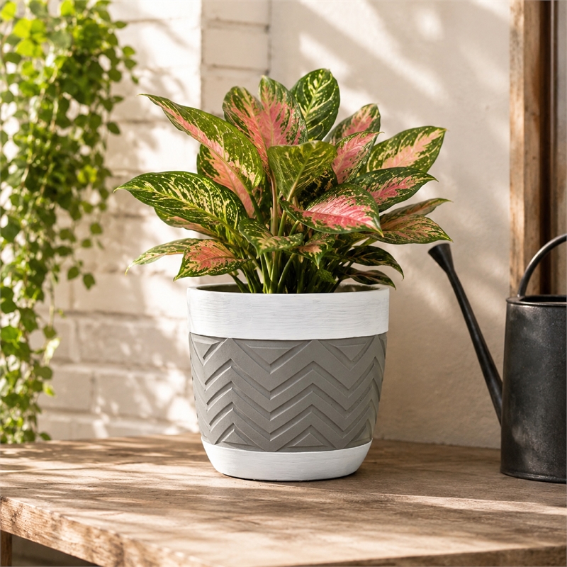 Decorative Planter- Chevron Design- Gray and White 7 Inch Terracotta