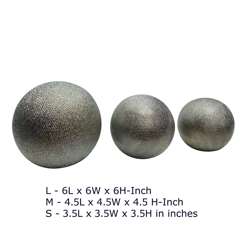 Decorative Ball Orb Set of 3- Cross-Hatched Texture- Antique Silver Ceramic