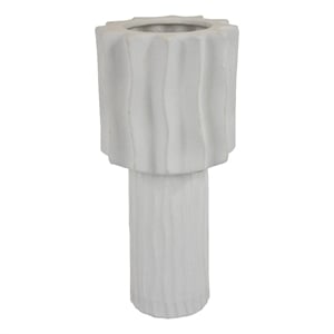 Asmi Decorative Vase- 2-Tier Design- Wavy Ribbed White Ceramic 14 Inch