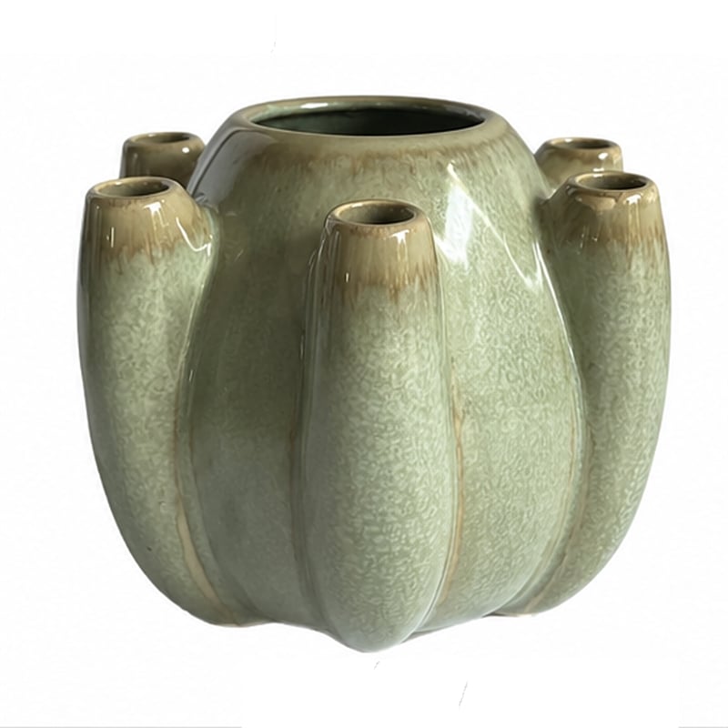 Tulipiere Vase- Crackled Texture- Sage Green and Brown Ceramic 9 Inch