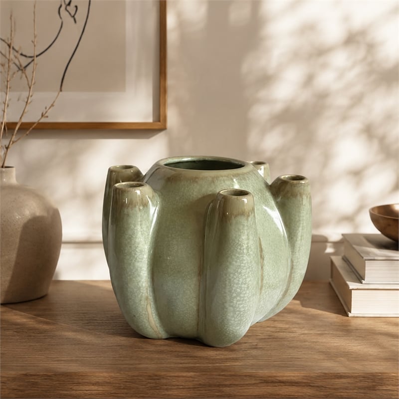 Tulipiere Vase- Crackled Texture- Sage Green and Brown Ceramic 9 Inch