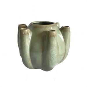Tulipiere Vase- Crackled Texture- Sage Green and Brown Ceramic 9 Inch