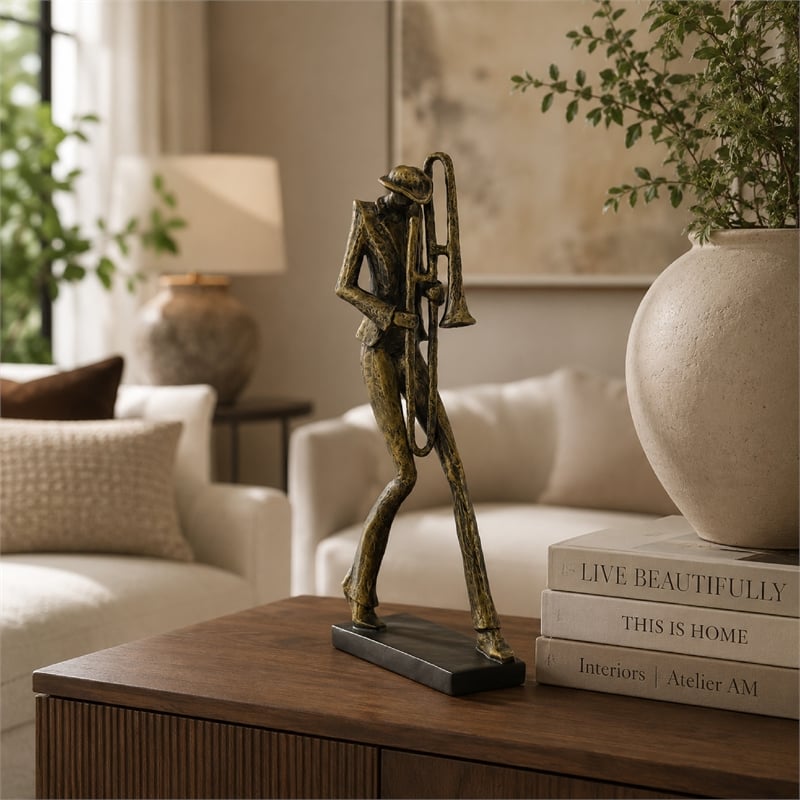 Decorative Sculpture- Trombone Player- Vintage Antique Gold Resin 20 Inch