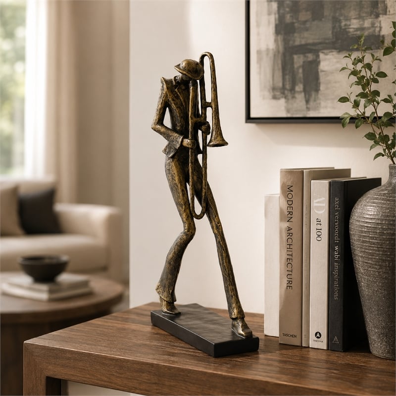 Decorative Sculpture- Trombone Player- Vintage Antique Gold Resin 20 Inch