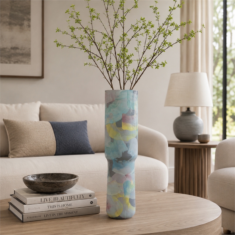 Riya Decorative Vase- Abstract Watercolor Art- Blue Ceramic 21 Inch