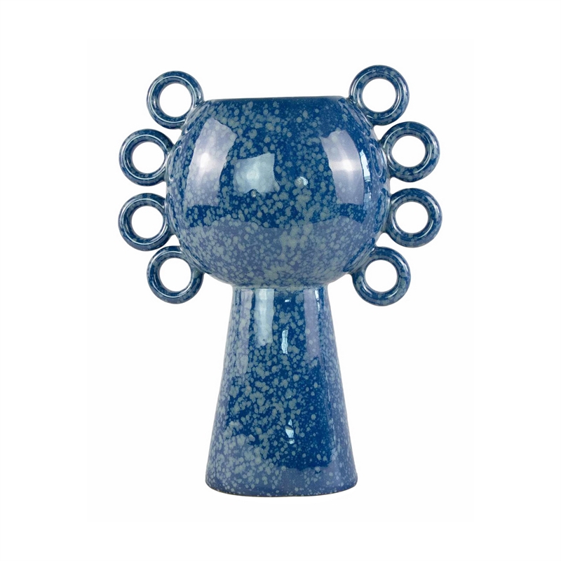 Orin Decorative Vase- 8 Loop Handles- Blue White Speckled Ceramic 15 Inch