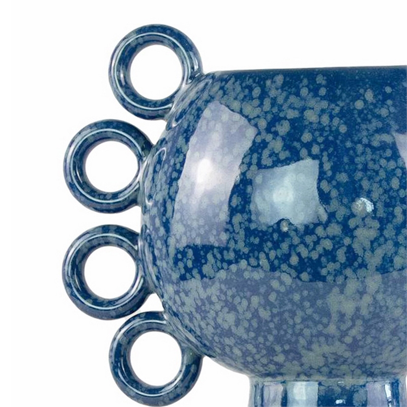 Orin Decorative Vase- 8 Loop Handles- Blue White Speckled Ceramic 15 Inch