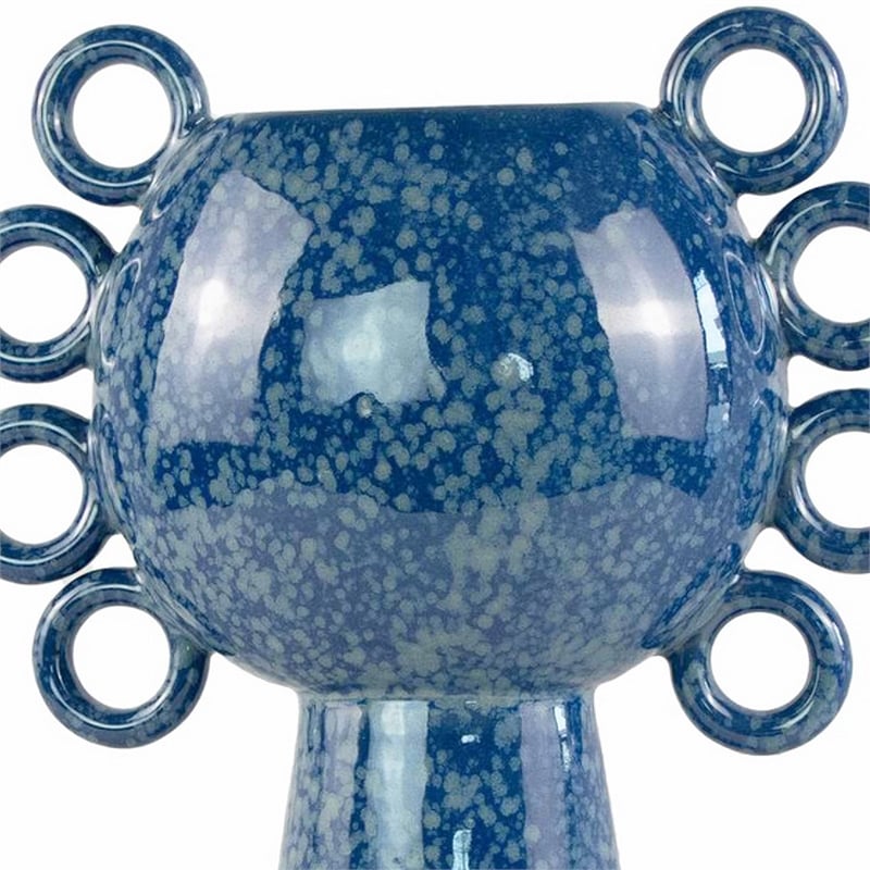Orin Decorative Vase- 8 Loop Handles- Blue White Speckled Ceramic 15 Inch