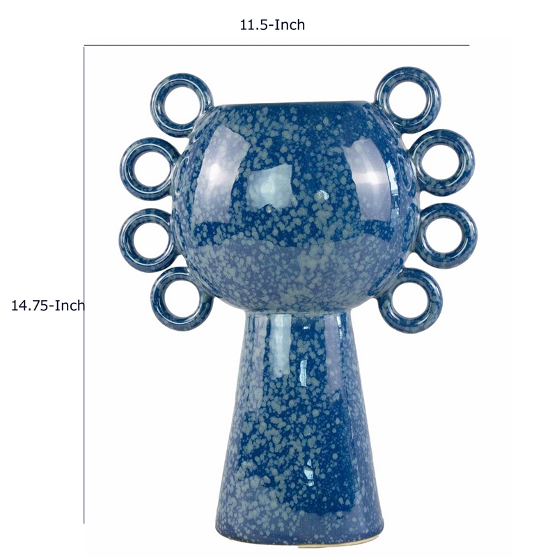 Orin Decorative Vase- 8 Loop Handles- Blue White Speckled Ceramic 15 Inch