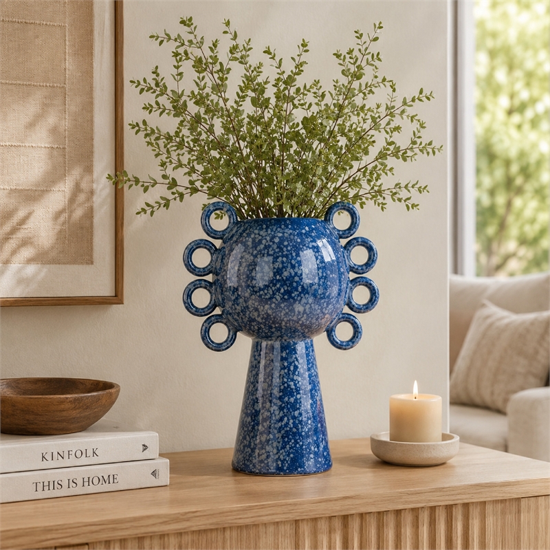 Orin Decorative Vase- 8 Loop Handles- Blue White Speckled Ceramic 15 Inch