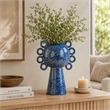 Orin Decorative Vase- 8 Loop Handles- Blue White Speckled Ceramic 15 Inch