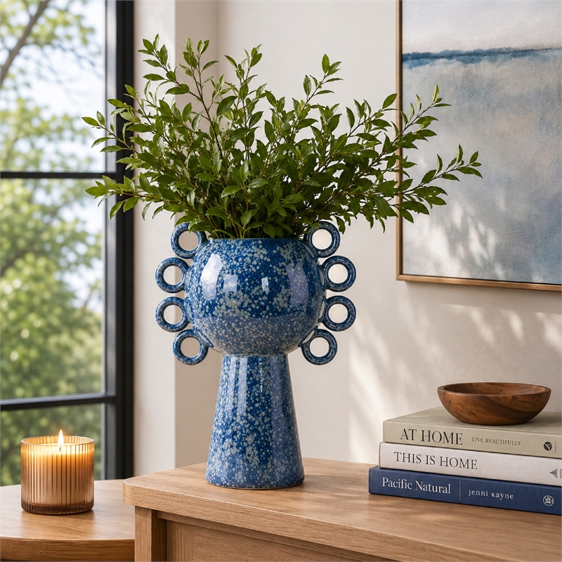 Orin Decorative Vase- 8 Loop Handles- Blue White Speckled Ceramic 15 Inch