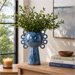 Orin Decorative Vase- 8 Loop Handles- Blue White Speckled Ceramic 15 Inch