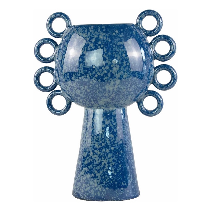 Orin Decorative Vase- 8 Loop Handles- Blue White Speckled Ceramic 15 Inch
