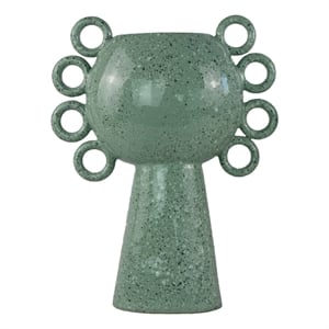 Orin Decorative Vase- 8 Loop Handles-  Green White Speckled Ceramic 15 Inch