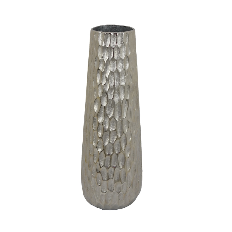 Tapered Decorative Vase with Textured Details- Silver Aluminum 19 Inch
