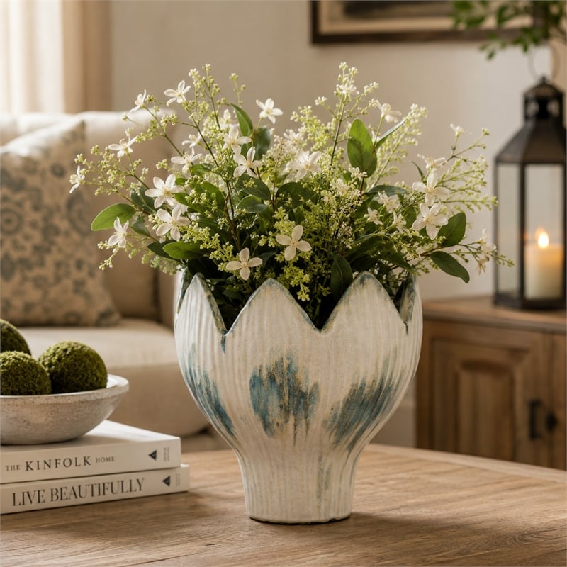 decorative planter with petal edge design- white-green ceramic 10 inch