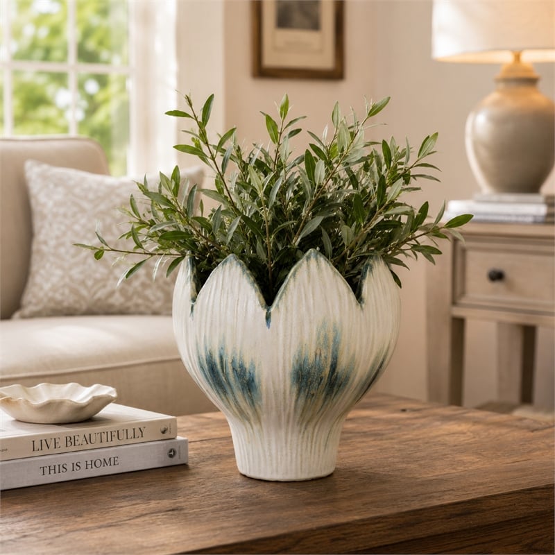 decorative planter with petal edge design- white-green ceramic 10 inch