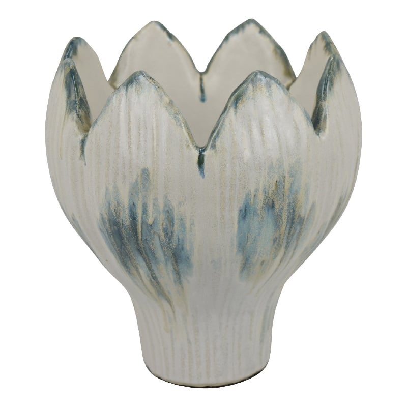 Decorative Planter with Petal Edge Design- White-Green Ceramic 10 Inch