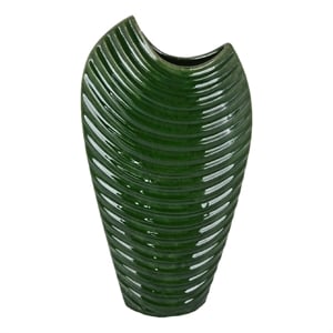 Decorative Vase with Sculpted Curved Rim- Green Ribbed Ceramic 20 Inch