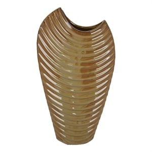 Decorative Vase with Sculpted Curved Rim- Brown Ribbed Ceramic 20 Inch