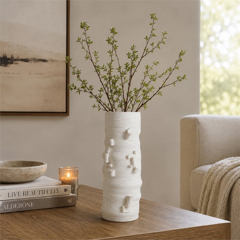 Moona Modern Vase with Sculpted Raised Details- White Textured Ceramic