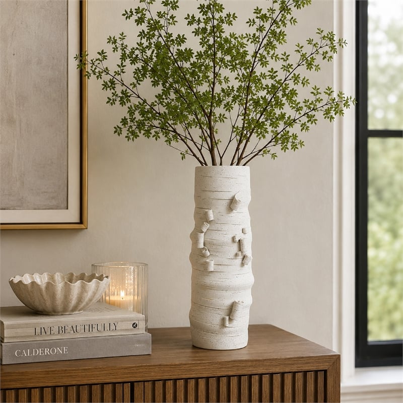 Moona Modern Vase with Sculpted Raised Details- White Textured Ceramic