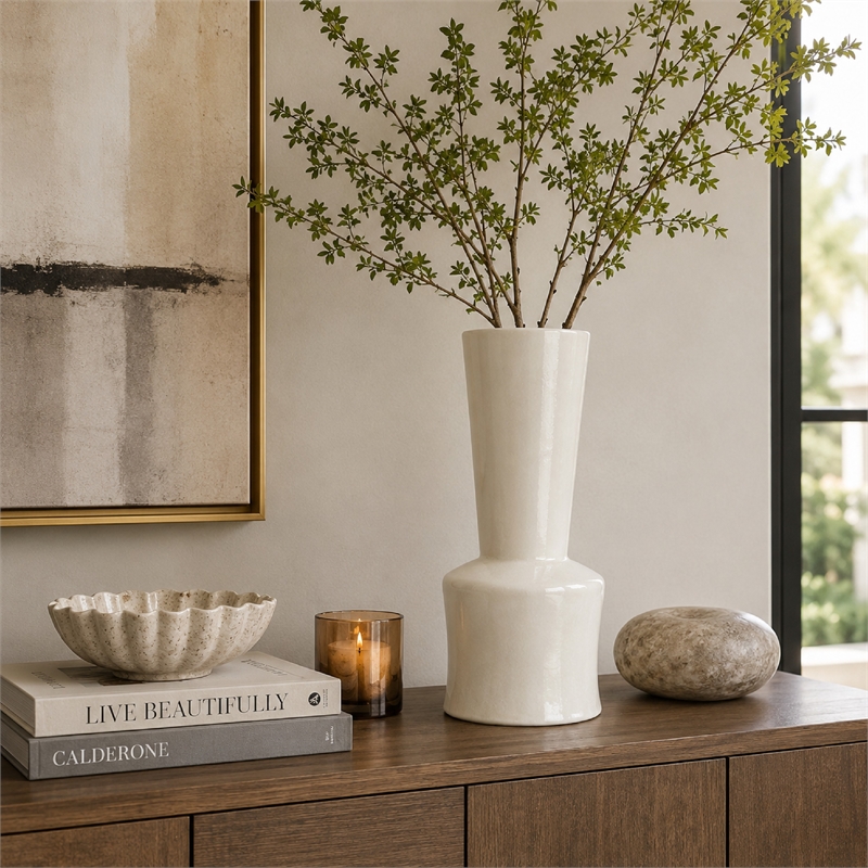 Ginny Decorative Vase with Slender Neck- Glossy White Ceramic 16 Inch