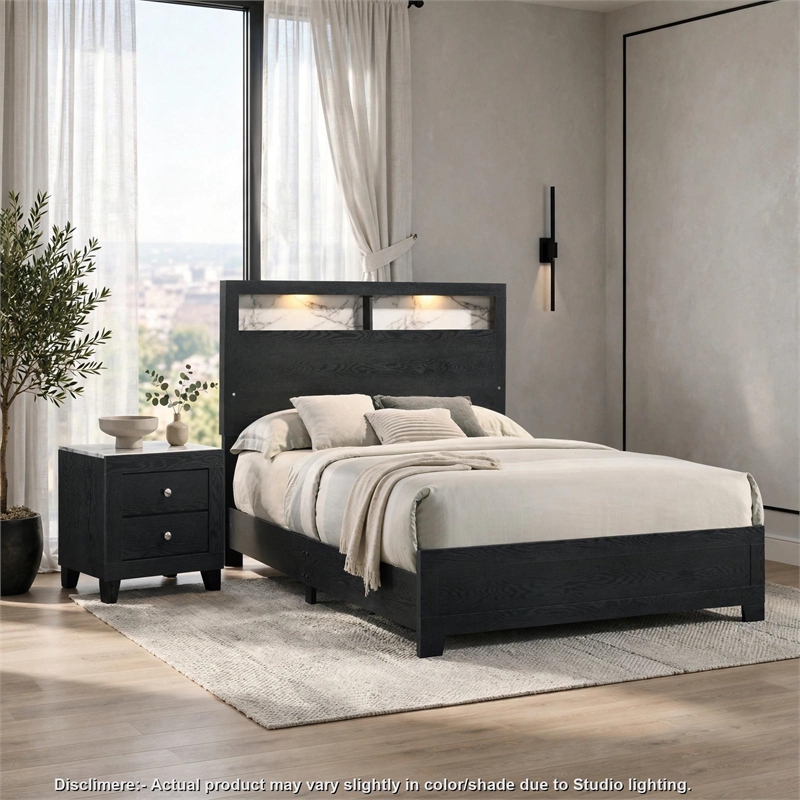 King Bedroom Set- Black- White- Chrome Wood- 2 Piece Set with Nightstand