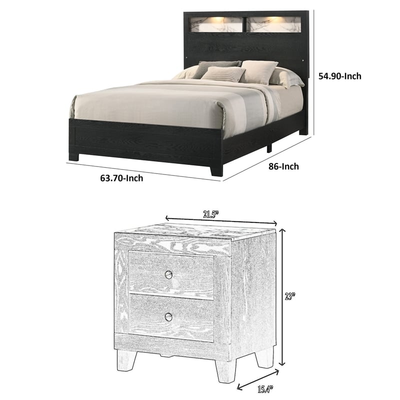 Queen Bedroom Set- Black- White- Chrome Wood- 2 Piece Set with Nightstand
