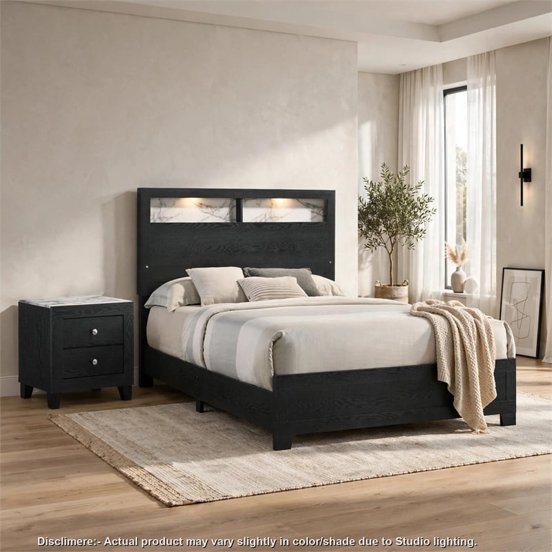 Queen Bedroom Set- Black- White- Chrome Wood- 2 Piece Set with Nightstand
