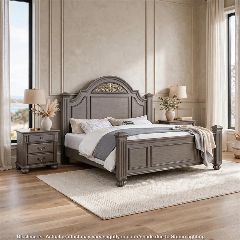 3pc King Bedroom Set- Gray- Brass- Clear Wood- 2 Nightstands