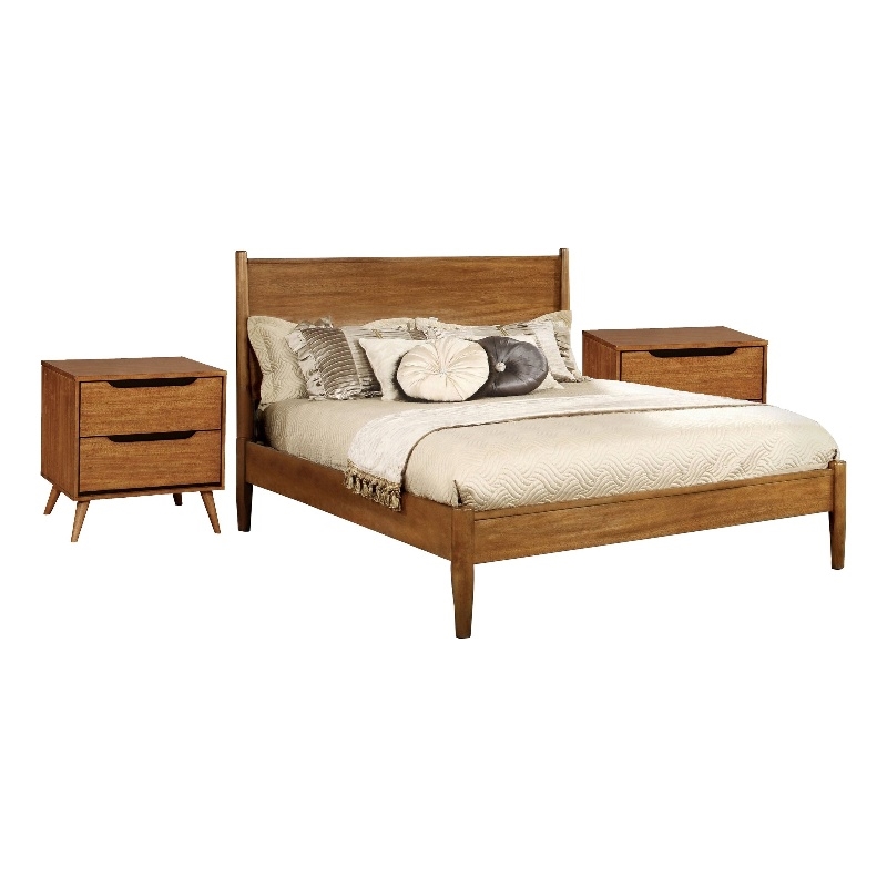 3pc King Bedroom Set- Brown- Oak Wood- 2 Nightstands
