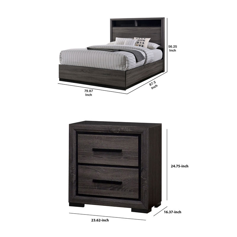 3pc King Bedroom Set- Gray- Black Wood- 2 Nightstands