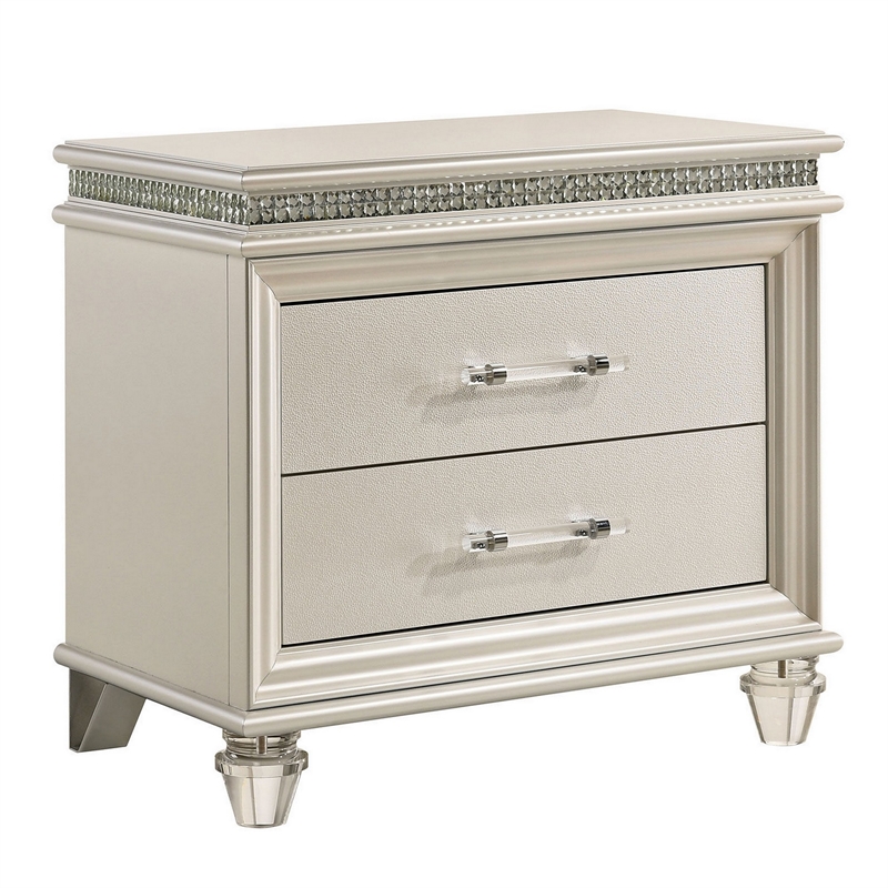 3pc King Bedroom Set- Pearl White- White- Clear- Silver Wood- 2 Nightstands