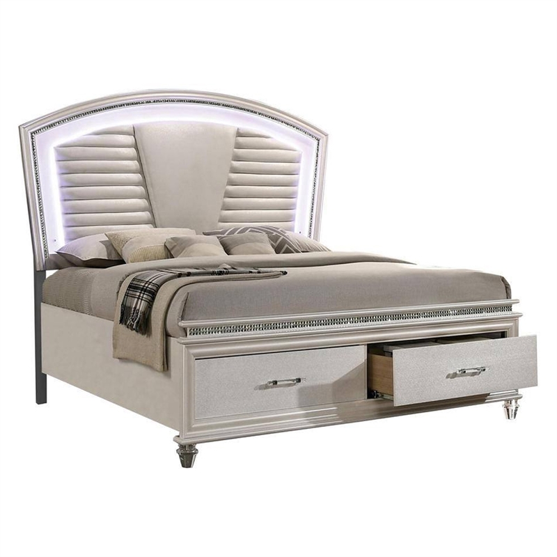 3pc King Bedroom Set- Pearl White- White- Clear- Silver Wood- 2 Nightstands